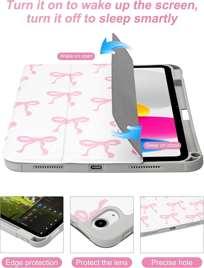 Compatible with iPad 11th (11-Inch A16 2025) iPad 10th (10.9-Inch 2022) Generation Case with Pencil Holder Cute Bow Aesthetic Design Soft TPU Trifold Stand Protective Pink