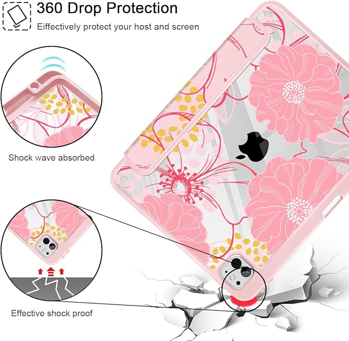 May Chen Case for iPad Pro 11-Inch M5/M4 2025/2024 (6th/5th Generation) Clear Transparent Print Back Shell Slim Stand Shockproof Tablet Cover Auto Wake/Sleep Pink Flowers