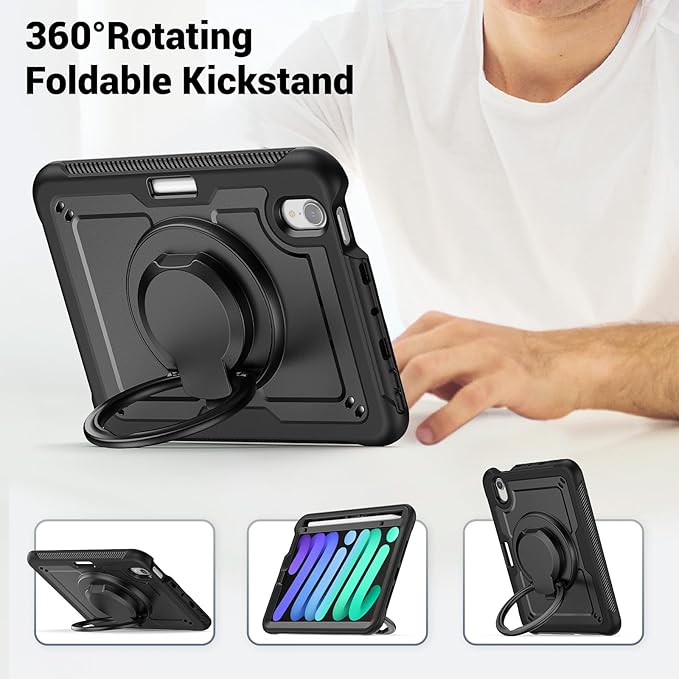 Case for iPad mini 7 (A17 Pro) 2024/ Mini 6 8.3'' with Pencil Holder Screen Protector [360 Rotating Handle &amp Stand] &ampShoulder Strap Shockproof Case for iPad mini 7th/6th Generation Black