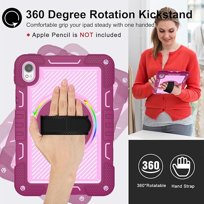Tablet Case for Huawei MatePad Air 11.5/Huawei MatePad 11.5 S/Huawei MatePad 11.5 Tablet Shockproof Cover with 360° Rotating Stand and Wrist Strap Shoulder Strap Red Rose+Pink