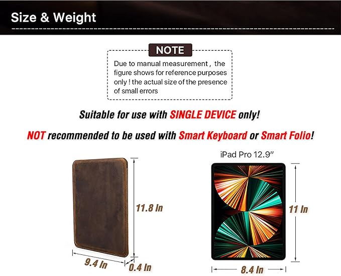 Top Grain Leather 12.9 Tablet Sleeve Slim Protector Vintage Design Fully Handmade Compatible with 12.9 iPad Pro 3/4/5/6 Gen Fits A2233 A2069 A2378 A2379 A2461 A2462 Coffee 12.9 Inch