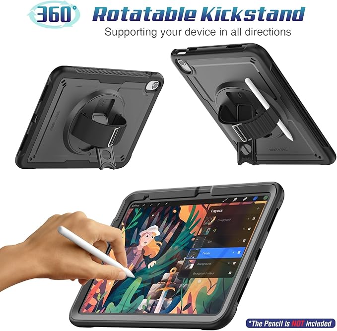 SEYMAC stock Case for iPad A16 11-inch Case 2025/ for iPad 11th/ 10th Generation 10.9'' 2022 Protective with Screen Protector Pen Holder Rotate Stand Loop Nylon Hand Strap Shoulder Strap Black