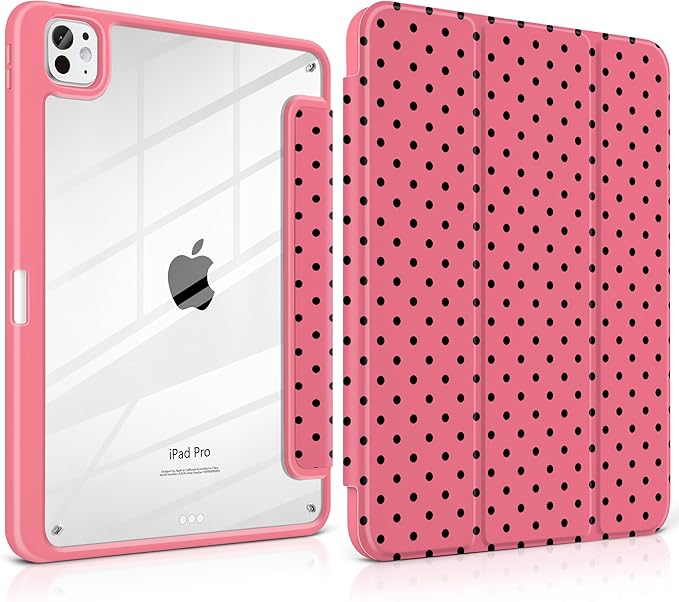 Case for iPad Pro 11 Inch (M5 2025 M4 2024) – [Built-in Pencil Holder] Shockproof &amp Stylish Clear Hard Back + Soft TPU Edge Magnetic Trifold Stand Auto Wake/Sleep Rose red Polka dot