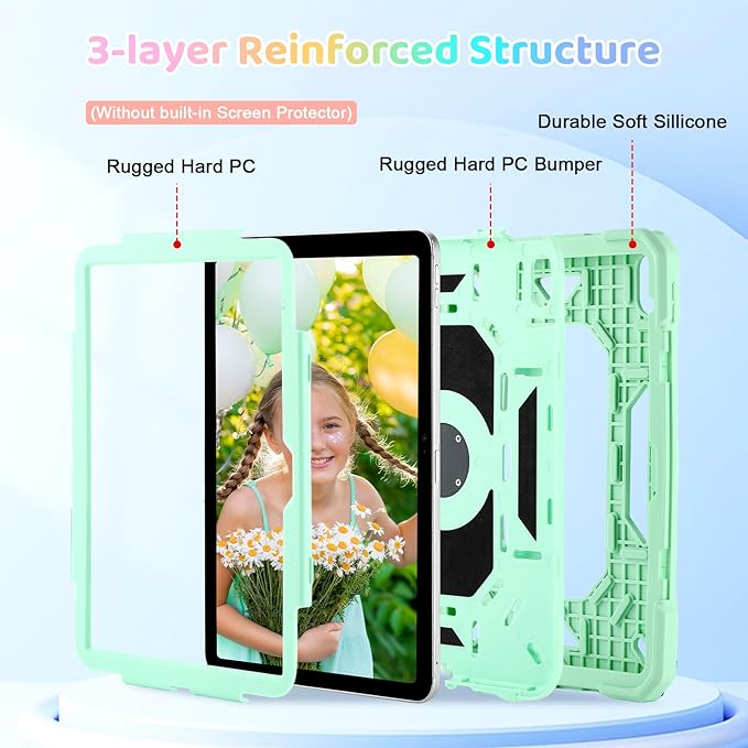 Case for iPad (A16) 2025 11th Gen 10.9'' iPad 10th Generation 2022 10.9'' with Tempered Glass Screen Protector Rugged Kid Case with Shoulder Strap/Pencil Holder/Folding Stand (Mint Green)