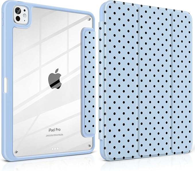 Case for iPad Pro 11 Inch (M5 2025 M4 2024) – [Built-in Pencil Holder] Shockproof &amp Stylish Clear Hard Back + Soft TPU Edge Magnetic Trifold Stand Auto Wake/Sleep Blue Polka dot