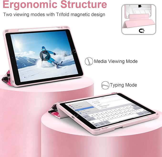 DONGKE for iPad 9th/8th/7th Generation Case 10.2 Inch (2021/2020/2019) [Auto Sleep/Wake &amp Pencil Holder] Clear Acrylic Back Trifold Stand Cover Cherry Checkers