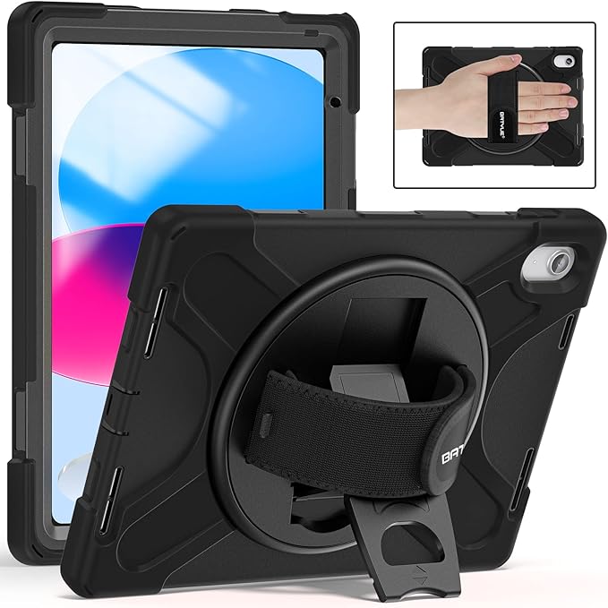 BATYUE Case for iPad (A16) 11th/10th Gen 11''/10.9'' 2025/2022 - Heavy Duty Shockproof Cover with Adjustable Hand Strap 360°Kistand Screen Protector Shoulder Strap &amp Pencil Holder | Black