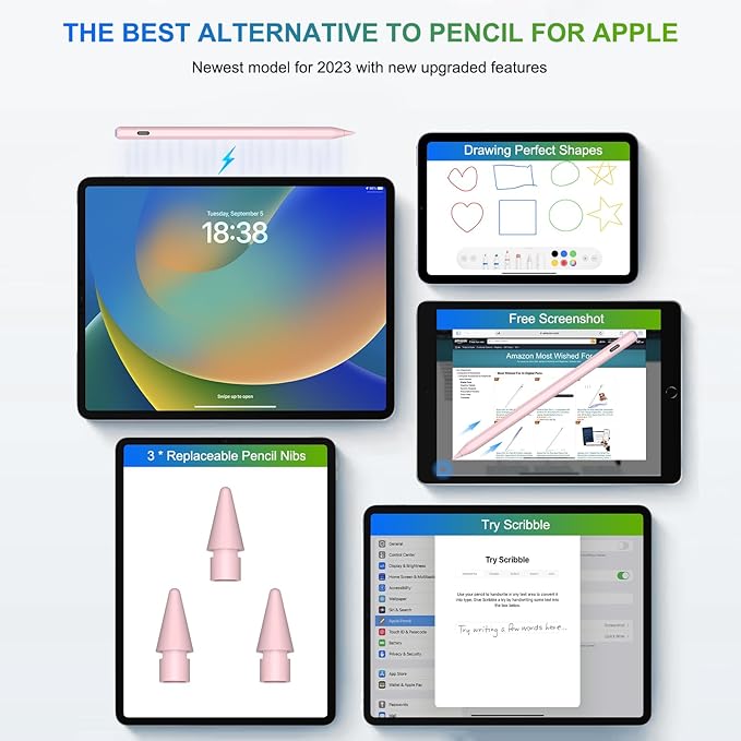 Charging HATOKU Pencil for iPad with Tilt &amp Palm Rejection Magnetic Stylus Pen for ipad Air M3/3/4/5 iPad mini 5/6 ipad 6/7/8/9/10/11 Gen ipad Pro 11/12.9 (Pink)