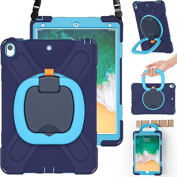 BRAECN Case for iPad Air 3rd Gen 10.5 Inch 2019 w/Pencil Holder Carrying Shoulder Strap Handle Grip Kickstand Heavy Duty Drop-Proof Protective Silicone Case for iPad Pro 10.5’’ 2017-Navy Blue