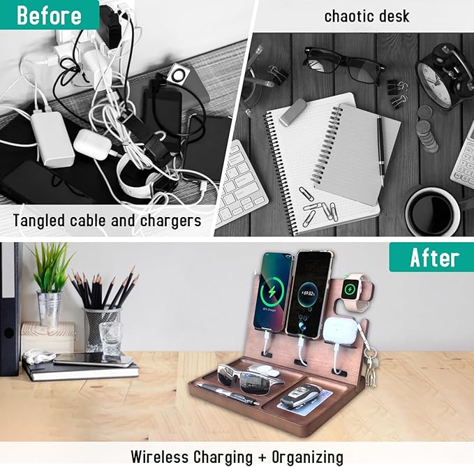 Wood Phone Docking Station Nightstand Organizer Charging Station with QC 3.0 &amp PD22.5W USB C Charger Fast Charging for iPhone Samsung Android Watch Airpod Anniversary Birthday Gifts for Men