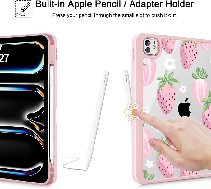 May Chen Case for iPad Pro 11-Inch M5/M4 2025/2024 (6th/5th Generation) [Penceil Holder] Trifold Stand Auto Wake/Sleep Clear TPU Protection Back Cover Strawberries
