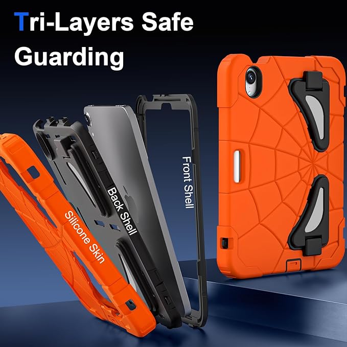 Kids Case for iPad mini 7 A17 Pro 2024/ Mini 6 8.3 inch Spider Case for iPad mini 7th 6th Generation Shockproof Durable Full Protective Cover with Pencil Holder Kickstand (Orange+Black)