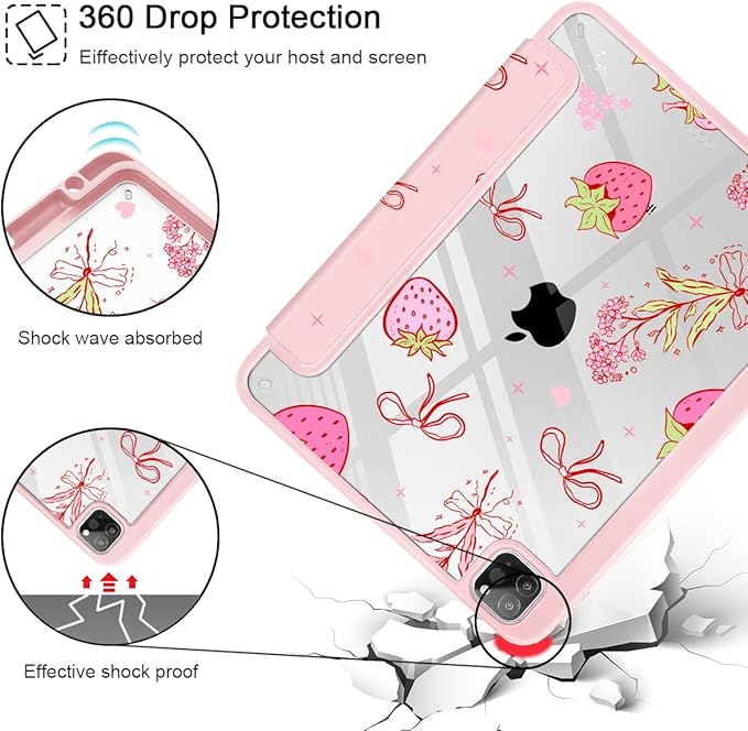 May Chen for iPad Pro 11 inch M2 4th Generation 2022 iPad Pro 11 3rd/2nd/1st Gen Case with Transparent Shockproof Back Cover [Built-in Pencil Holder Auto Sleep/Wake Strawberry Bow