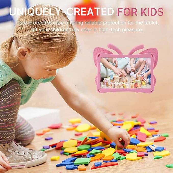 Fire HD 8 Kids Tablet Case 10th Gen 2020/2022 Pink Butterfly Design EVA Foam Kickstand Handle For Amazon Fire HD 8 Kids Tablet 2020/2022 8 inches Case for Playtime Learning Travel