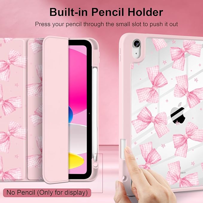 DONGKE Case for iPad (A16) 11th Generation 11 inch 2025 &amp iPad 10th Gen 10.9 inch 2022 [Built-in Pencil Holder] Clear Acrylic Back Trifold Stand Smart Cover Auto Sleep/Wake Gingham Bows