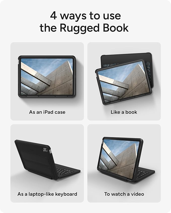 ZAGG Rugged Book iPad 11 (A16)/ 10.9 (Gen 10) Case - Durable Wireless Keyboard Case Military-Grade Drop Protection Multi-Device Pairing Detachable Backlit Keyboard Black