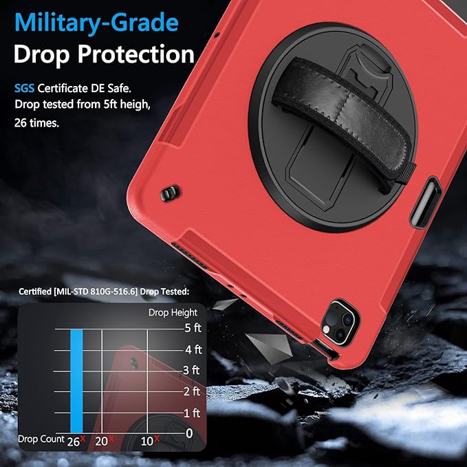 Miesherk Case for iPad Pro 12.9 Inch 6th/5th/4th Generation Military Grade Heavy Duty Shockproof iPad Pro 12.9 Case - Rotating Stand Pencil Holder Hand/Shoulder Strap Red