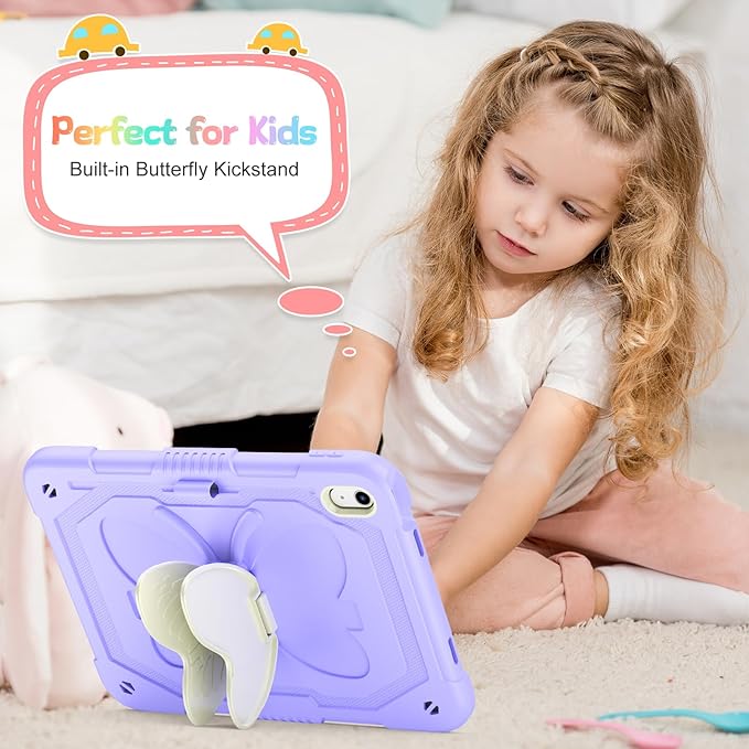 Case for iPad (A16) 11th/10th Generation 2025/2022 11/10.9 for Kids Girls with 9H Tempered Glass Screen Protector Rugged Shockproof Protective with Butterfly Stand Carrying Strap-Purple
