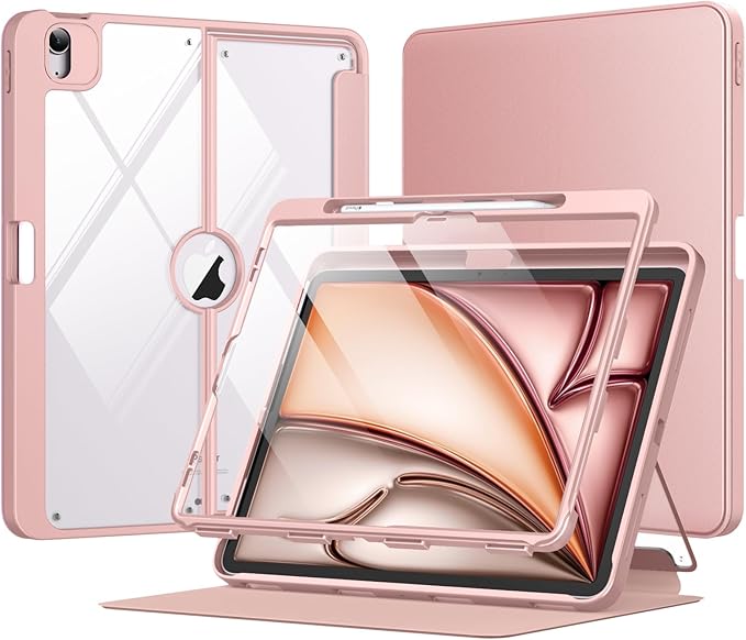 MoKo for iPad Air 13-Inch Case (M4/M3/M2) 2026/2025/2024 with Pencil Holder Heavy Duty 13 Inch iPad Air Case with Screen Protector Clear Back Lens Protector Multi-Angle Magnetic Stand Rose Gold