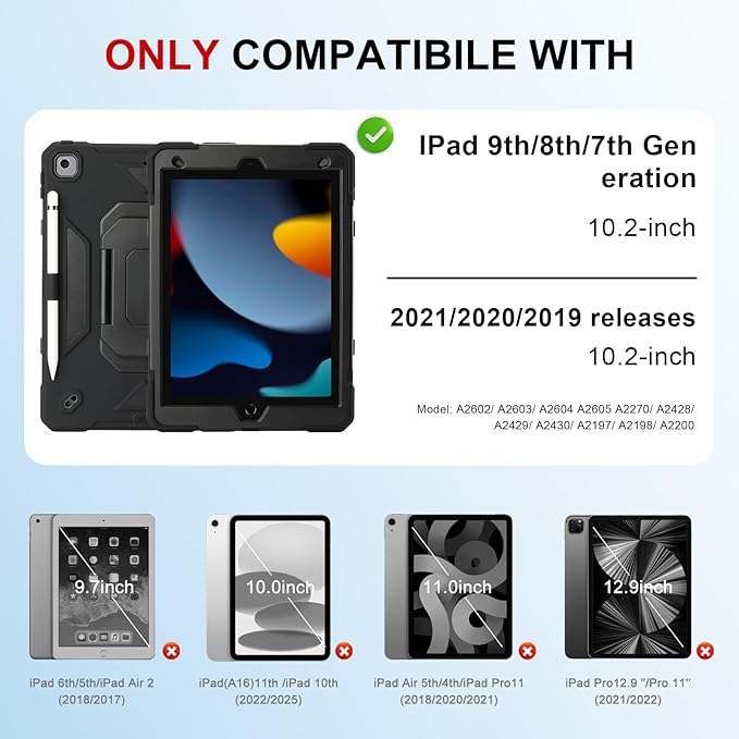 Case for iPad 9th Generation (2021) /iPad 8th Gen (2020)/iPad 7th Gen (2019) Military Grade Shockproof iPad Case Built-in 360°Rotating Stand/Pen Slot/Shoulder Strap for iPad 10.2 (Black)