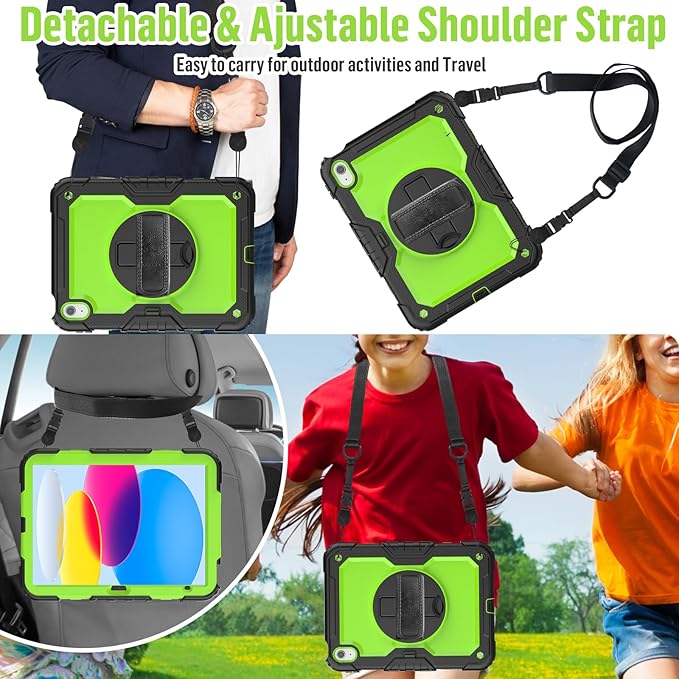 BLOSOMEET Case for iPad A16 11th/10th Generation 11''/10.9'' 2025/2022 with Tempered Glass Screen Protector &amp Pencil Holder Rugged Military Grade Cover w/Stand Hand Shoulder Strap Green