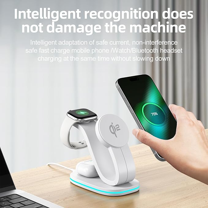 4-in-1 Wireless Charging Station Qi2 15W Charger Station for iPhone 17/16/15/14/13/12 Series Watch Airpods 1-8/Ultra iPad AirPods (White 4 in 1)