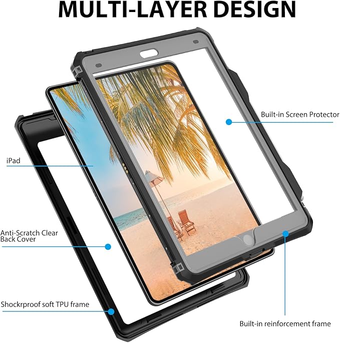 ShellBox Case for iPad 10.2 9th/8th/7thFull-Body Protective Casewith Magnetic Pencil HolderKeyboard InterfaceIP68 Waterproof Case for iPad 10.2 Inch 2019-2021 (Black)