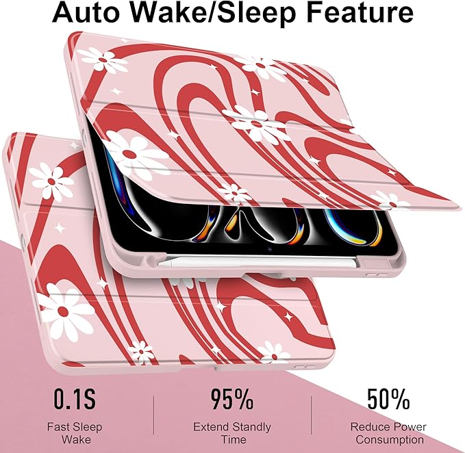 DONGKE for iPad Pro 11-Inch Case (M5 2025 / M4 2024) 6th/5th Generation [Auto Sleep/Wake &amp Pencil Pro Holder] Clear Acrylic Back Smart Trifold Stand Cover Swirl &amp Daisy