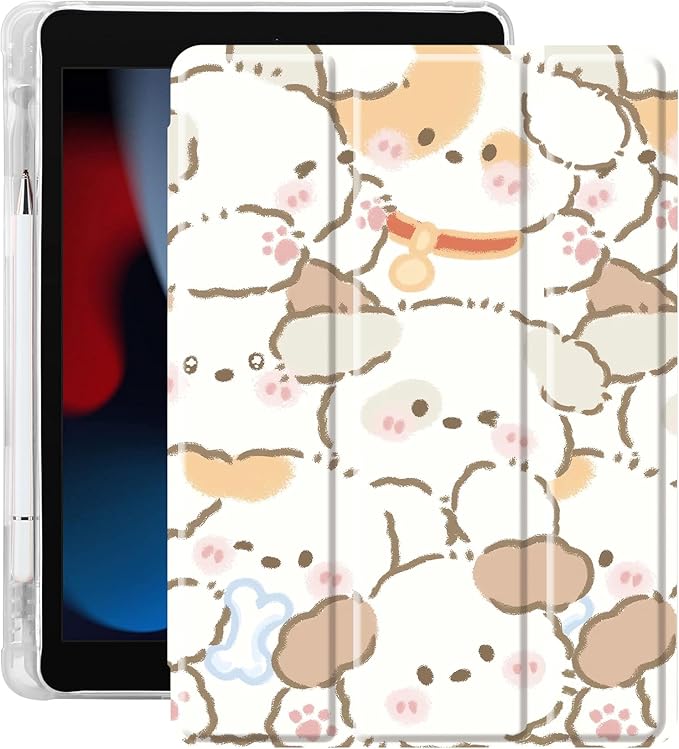 Idocolors Cute Kawaii Puppy Dog Pad Case for 12.9 Inch iPad Pro 2022/2021/2020/2018 Clear TPU Trifold Stand Back Cover with Pencil Holder Auto Wake/Sleep Foldable Shockproof Protective Case