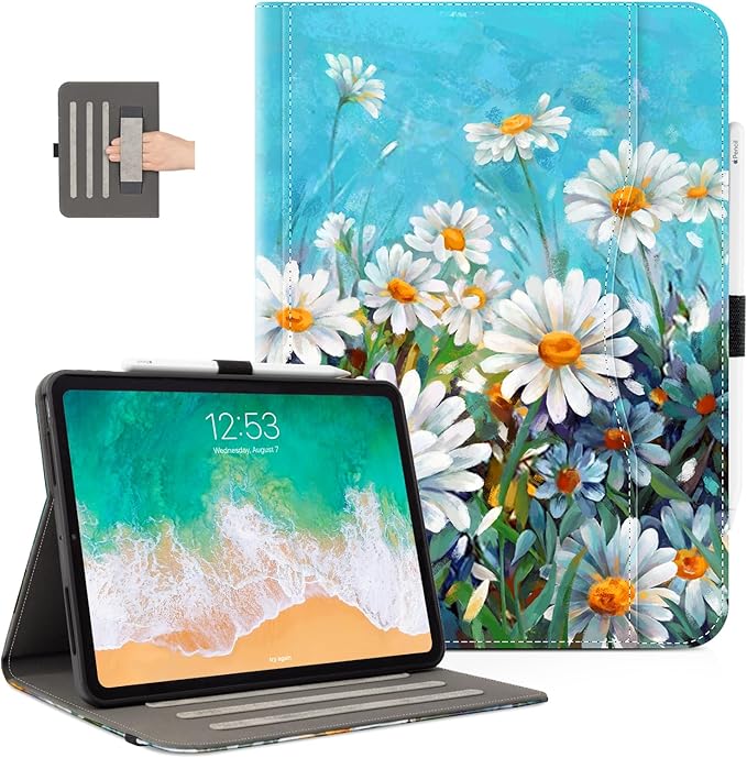 Vimorco Leather Case for iPad Pro 11 inch M5/M4 2025/2024 Pu Leather Protective Adjustable Stand Tablet Cover Hand Strap Card Pocket with Pencil HolderAuto Wake/SleepDaisy