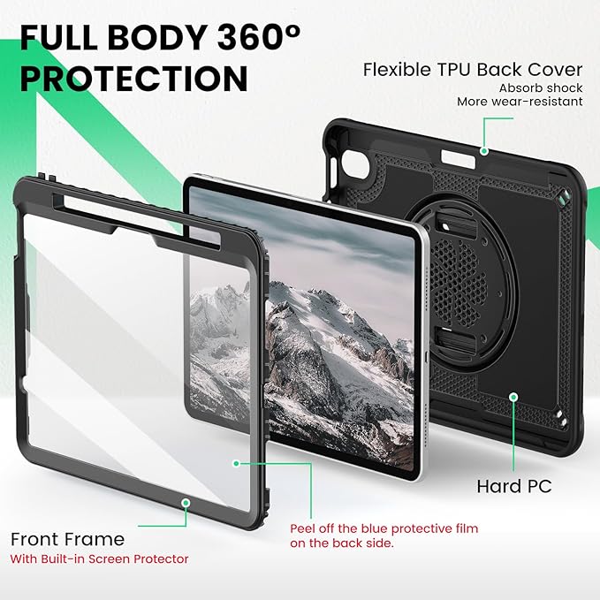 SEYMAC for iPad Air 11 Inch Case M4 / M3 / M2 (2026/2025 / 2024) Full-Body Shockproof Protective Case with Screen Protector Rotating Stand Hand/Shoulder Strap Black