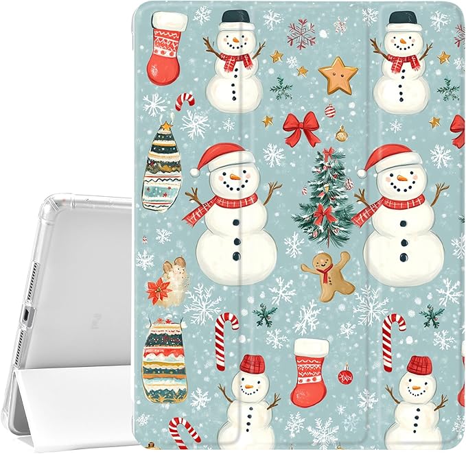 JOYLAND White Pad Case for iPad 5th/6th Generationwith Pencil Holder-Auto Wake/SleepChristmas Snowman&ampSnowflakes Pattern Anti-Scratch Shockproof Premium Folio Stand Case