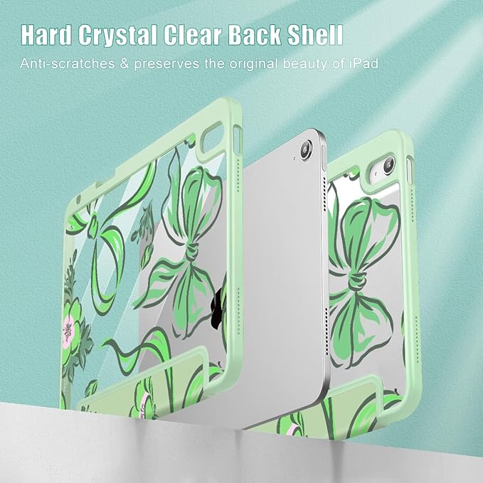 Mektron Case for 2026 iPad Air 13 inch M4 Cover Compatible 2025 iPad Air 13 inch M3 2024 iPad Air 13 inch M2 with Pencil Holder Shockproof Clear Shell Flowers-Bows-Green