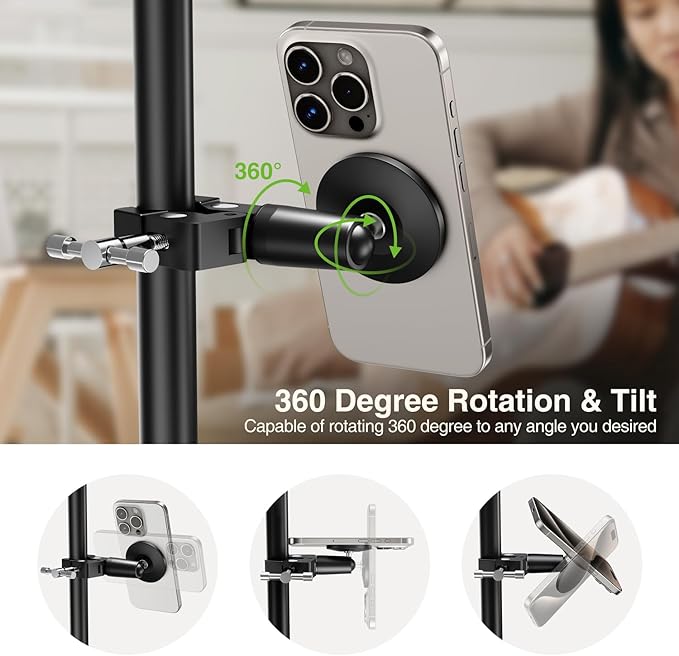 elitehood Magnetic Phone Clamp Mount Adjustable Phone Holder for Mic Stand/Music Stand/Golf Cart/Treadmill/Stroller/Shopping Cart/Stationary Bike iPhone Clamp Mount for Magsafe iPhone 16 15 14