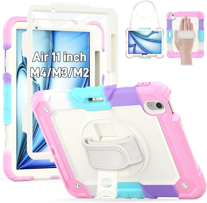 HXCASEAC Shockproof Case for iPad Air 11 inch M4 M3 M2 (2026 2025 2024) Full Body Protective with Pencil Holder Built-in Screen Protector Rotating Stand Hand Strap for iPad Air 11 Case (Pink)