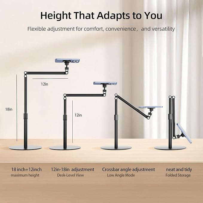 Magnetic Overhead Phone Stand for Desk - 360° Swivel &amp Tilt with MagSafe Compatible Holder Cell Phone Stand Magnet Quick Mount for Recording Cooking Painting Zoom Meetings TikTok Live &amp G