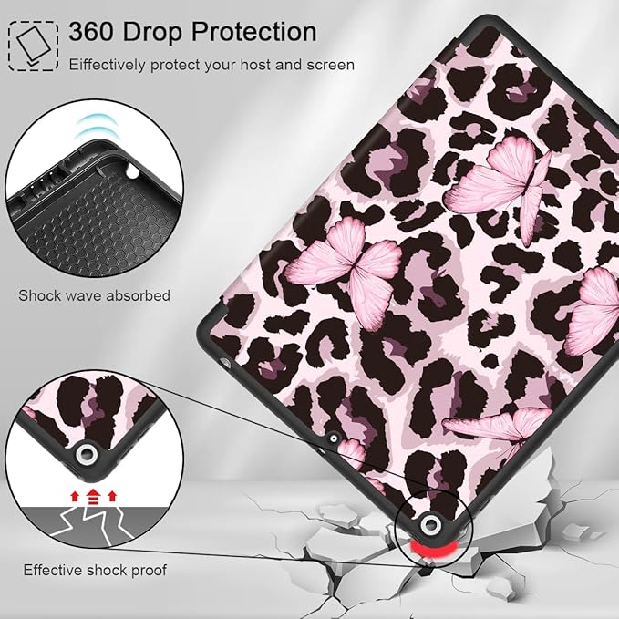 Mektron Designed Printed iPad 10.2 Case 9th Gen (2021)/ 8th Gen (2020)/ 7th Gen (2019) with Pencil Holder Slim Protective Case with Soft TPU Back for iPad 10.2 Inch Leopard Pink Butterfly