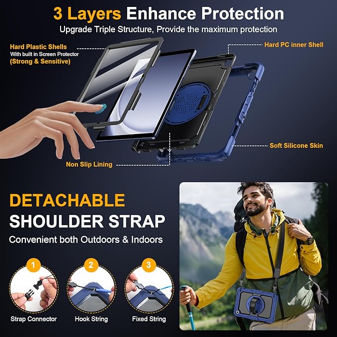 Case for Samsung Galaxy Tab A9+/A9 Plus 11 Inch 2023(SM-X210/X216/X218) Ubearkk Full-Body Drop Protection Case with Screen Protector 360° Rotating Stand and Hand/Shoulder Strap Navy Blue