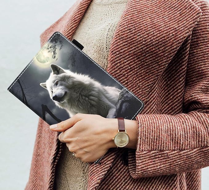 Case for Amazon Kindle Fire 7 Tablet (7 9th/7th Generation 2019/2017 Release) Slim PU Leather Cover with Card Slot &amp Auto Wake/Sleep White Wolf