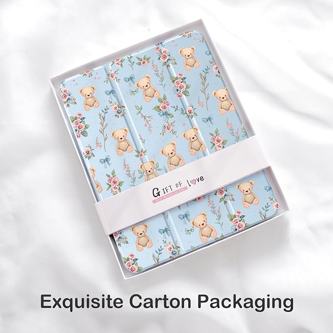 Cute Kawaii Bear Flower Bow for iPad Pro 13 Inch Case (M5/M4) 2025/2024 with Pencil Holder Auto Sleep/Wake Blue Leather Clear Acrylic Back Cover