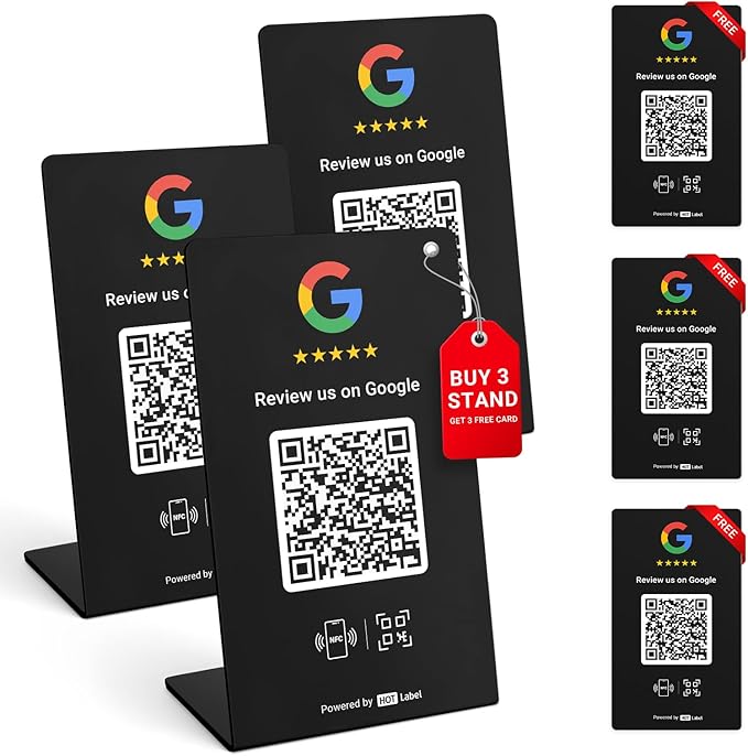 HotLabel – Google Review Stand 3-Pack + Bonus Google Review Tap Card 3-Pack – Black – NFC Tap &amp QR Code – Supports 6 Different Stores or Same – All Phones Compatible – No App/Subscription