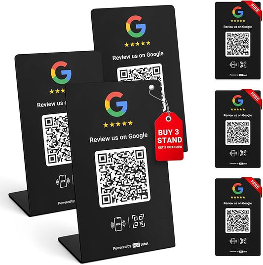 HotLabel – Google Review Stand 3-Pack + Bonus Google Review Tap Card 3-Pack – Black – NFC Tap &amp QR Code – Supports 6 Different Stores or Same – All Phones Compatible – No App/Subscription