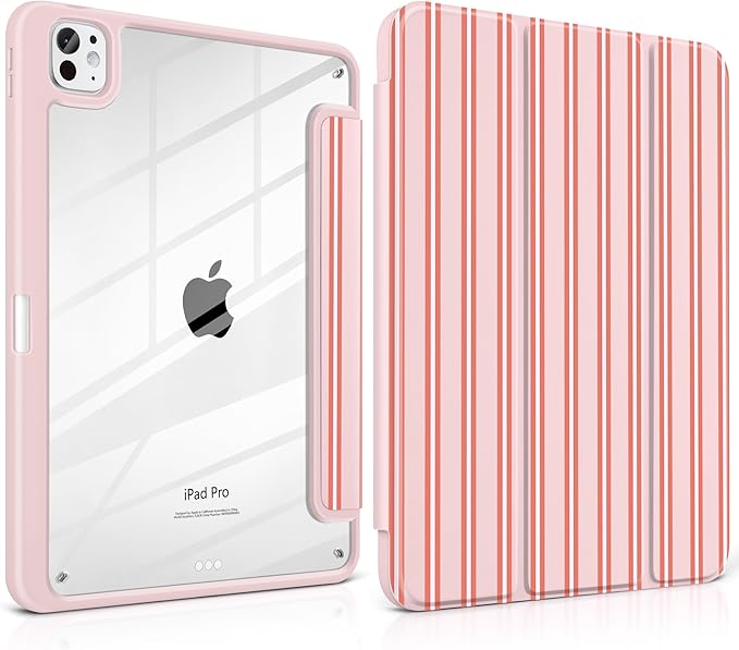 Case for iPad Pro 11 Inch (M5 2025 M4 2024) – [Built-in Pencil Holder] Shockproof &amp Stylish Clear Hard Back + Soft TPU Edge Magnetic Trifold Stand Auto Wake/Sleep Pink Stripes