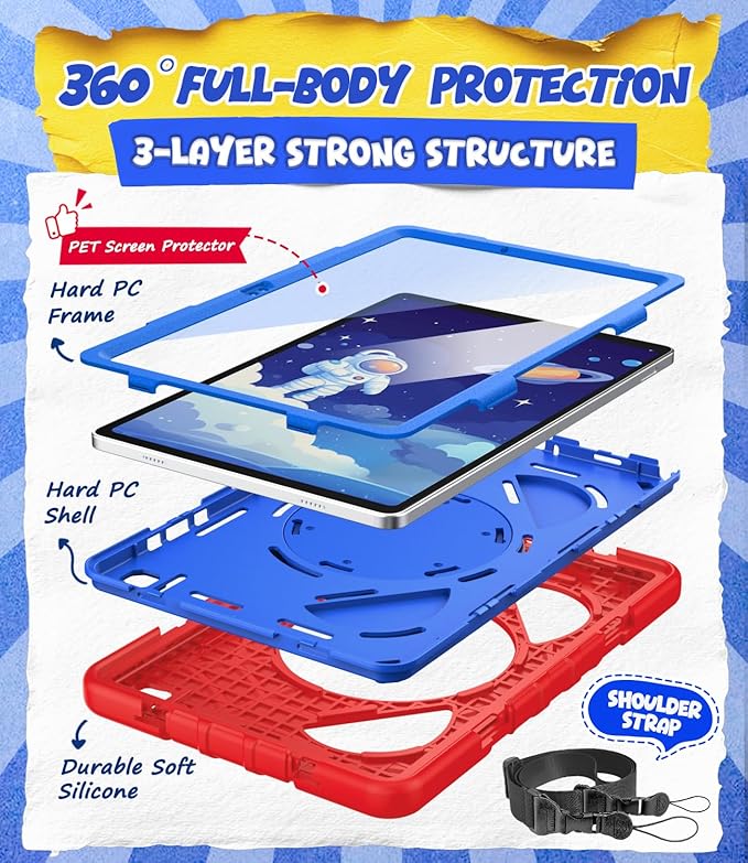 Grifobes Case for Samsung Galaxy Tab A11+ / A9+ Plus 11 inch 2026/2024 Full Body Protection with Screen Protector/Rotating Stand Hand/Shoulder Strap for 11” Tablet Cover Red+Blue
