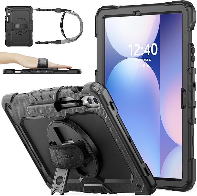 SEYMAC stock Case for Samsung Galaxy Tab S10 Plus/ S9 FE Plus/ S9 Plus 5G Tablet 12.4'' Case with Screen Protector Pencil Holder [360 Rotating Hand Strap] &ampStand Drop-Proof Black1