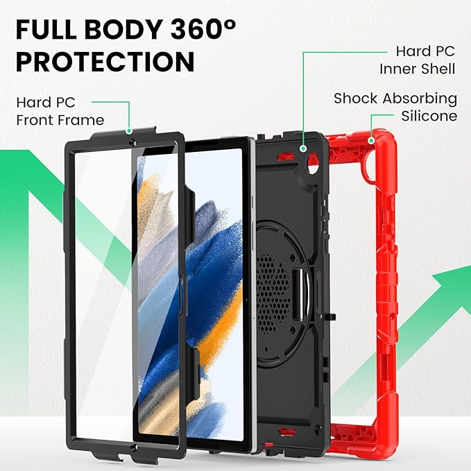 SEYMAC for Samsung Galaxy Tab A8 Case 10.5 Inch (SM-X200/ X205/ X207) Heavy Duty Full-Body Shockproof Protective Case with Screen Protector Rotating Stand Hand/Shoulder Strap and Pen Holder Red