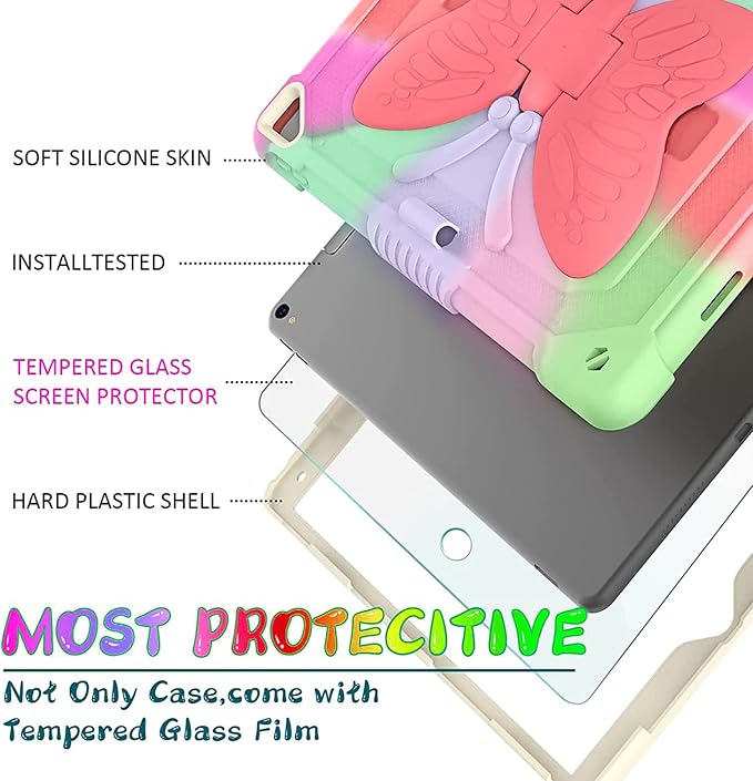 Ambison Case for iPad 9th/8th/7th Generation 10.2 inch with Glass Screen Protector Rugged Shockproof Protective Cover for Kids Girls Butterfly Stand Shoulder Strap for iPad 2021/2020/2019-Rose Red
