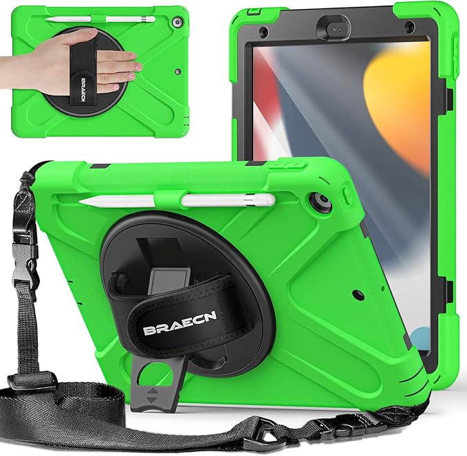 BRAECNstock for Apple iPad 9th/ 8th/ 7th Generation Case 10.2 2021/2020/2019 Shockproof Protective iPad 10.2 Kids Case with Screen Protector Pencil Holder Rotating Stand+Hand Strap Green
