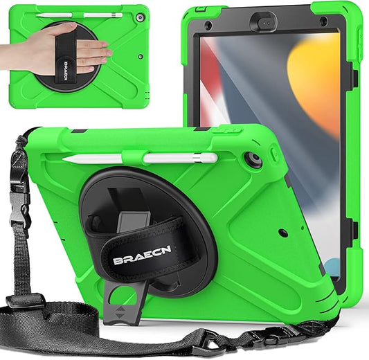 BRAECNstock for Apple iPad 9th/ 8th/ 7th Generation Case 10.2 2021/2020/2019 Shockproof Protective iPad 10.2 Kids Case with Screen Protector Pencil Holder Rotating Stand+Hand Strap Green