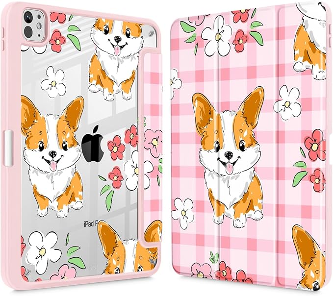 May Chen Case for iPad Pro 11-Inch M5/M4 2025/2024 (6th/5th Generation) [Penceil Holder] Trifold Stand Auto Wake/Sleep Clear TPU Protection Back Cover Corgi Dog Stripes